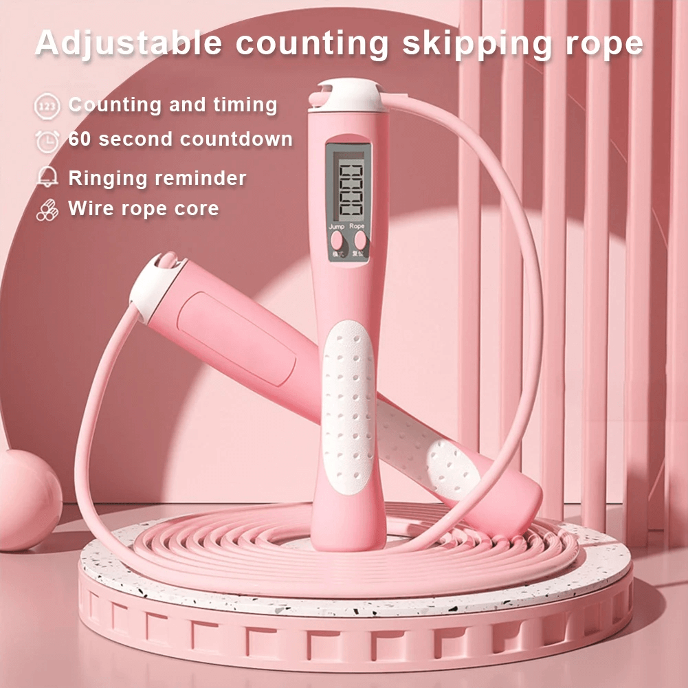 Pink smart jump rope with LCD display, adjustable length and non-slip handles, ideal for tracking workouts and fitness goals.